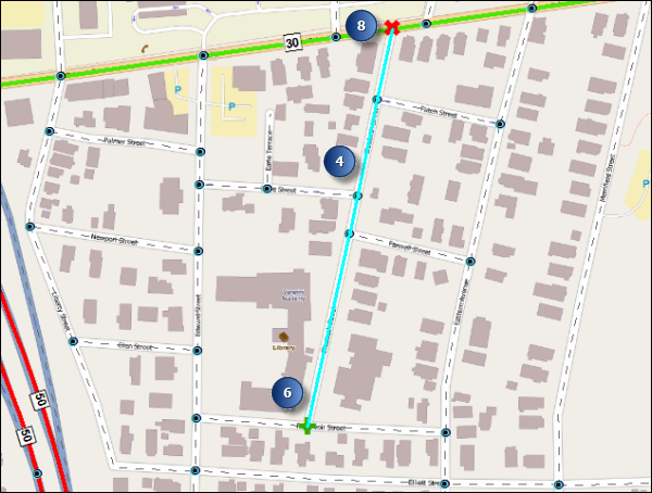 The start measure and end measure values highlighted on the selected route