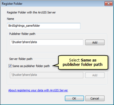 In the Register Folder window, click Same as publisher folder path.